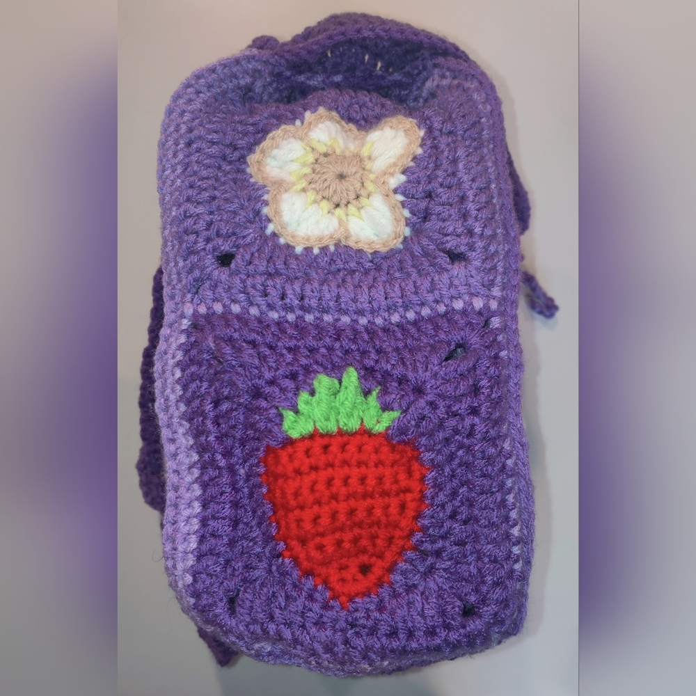 Purple Crochet Strawberry/Flower Granny Square Drawstring Backpack - Picture 4 of 6